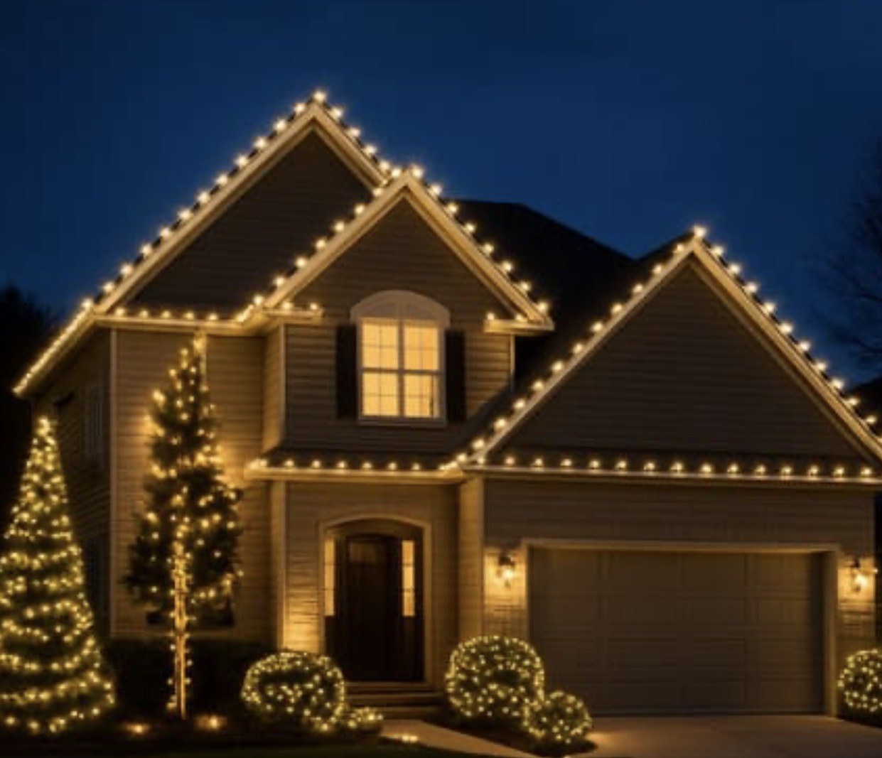 Home, trees and shrubs decorated with coordinated warm white holiday lights